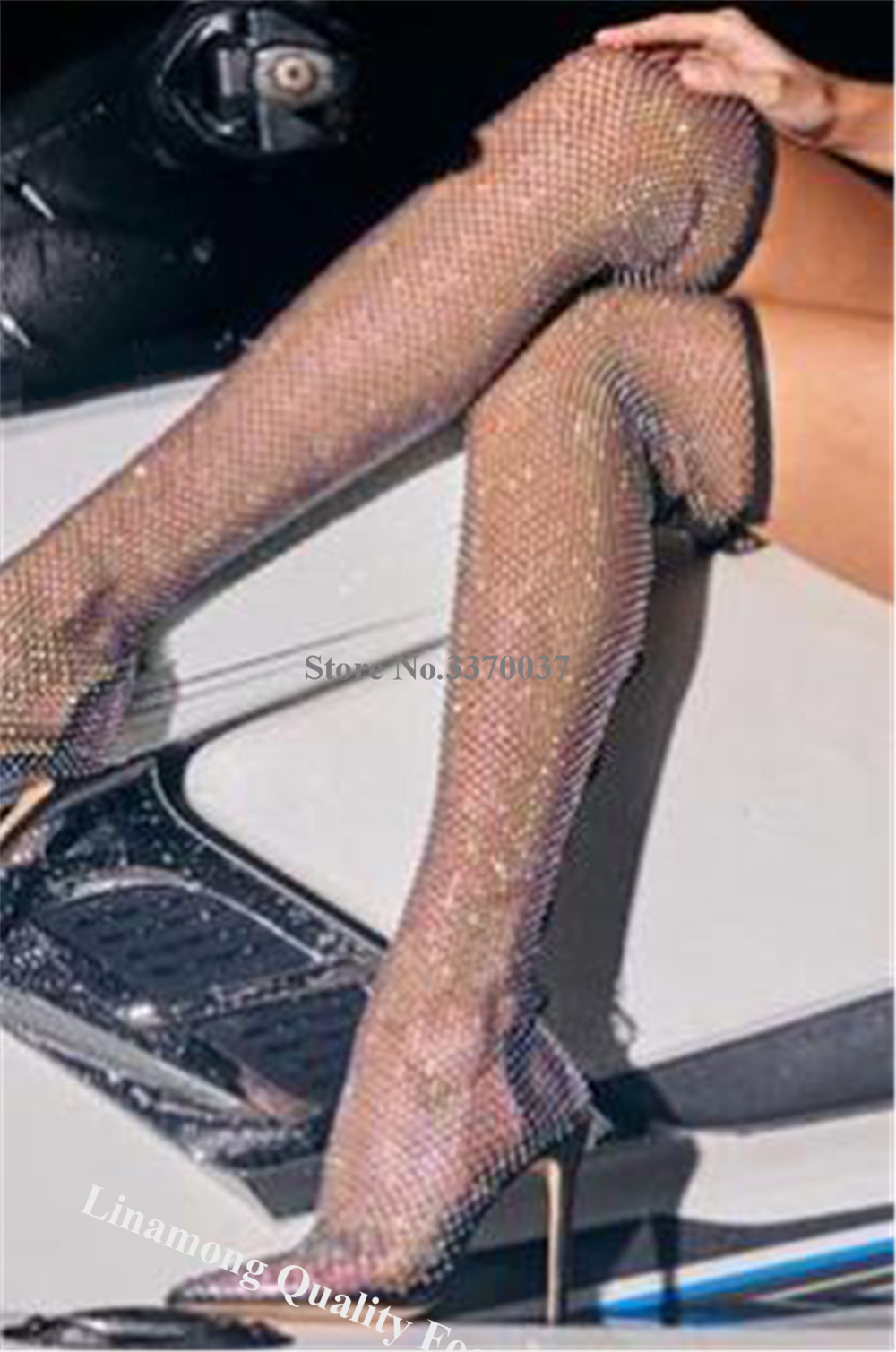Linamong Rhinestones Mesh Long - Knee High Sock Women 评论和价格