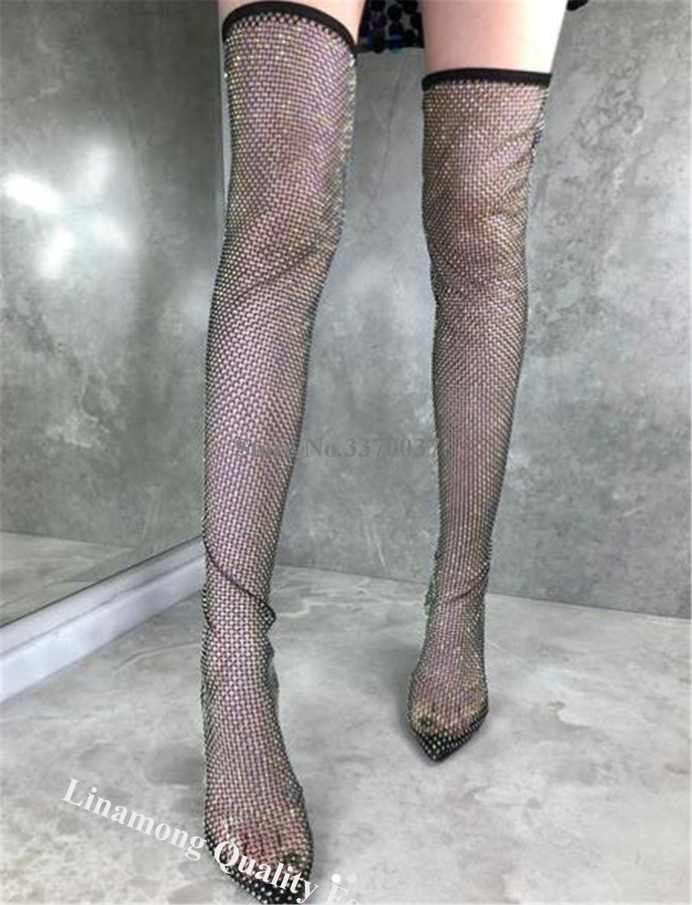 Linamong Rhinestones Mesh Long - Knee High Sock Women 评论和价格